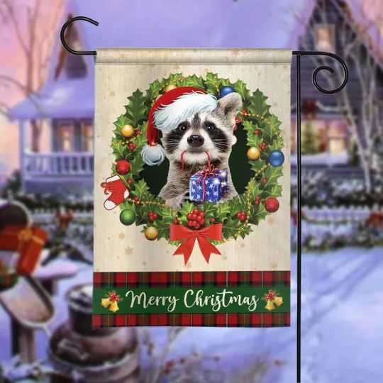 Raccoon Merry Christmas Flag, Raccoon Christmas Wreath Flag, Raccoon Xmas Flag