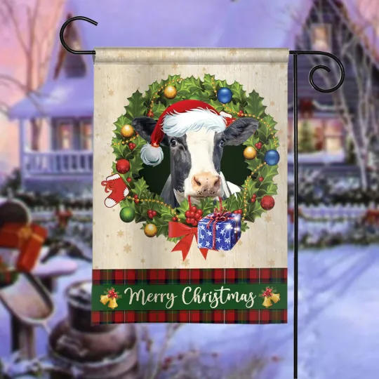 Cow Cattle Merry Christmas Flag, Cattle Christmas Wreath Flag, Cattle Xmas Flag