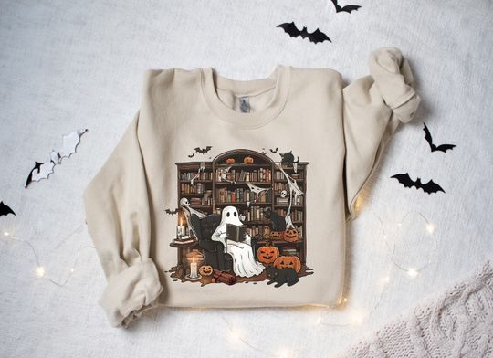 Discover Ghosts Reading Book Sweatshirt, Halloween Bookshelf Shirt, Halloween Gift, Ghostly Bookish Shirt,  Cute Ghost Book Shirt, Ghost Teacher Tee