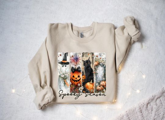 Discover Spooky Season Halloween Shirt: Black Cat Ghost Sweatshirt