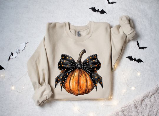 Discover Halloween Pumpkin Bow Sweatshirt, Coquette Stars Bow Halloween Shirt, Pumpkin Lover Shirt, Autumn Pumpkin Shirt, Halloween Pumpkin Shirt