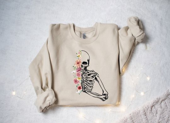 Discover Skeleton Flower Sweatshirt, Half Skeleton Half Flowers Shirt, Skeleton Shirt, Inspirational Shirt, Womens Fall Shirt, Flower Skull Skeleton