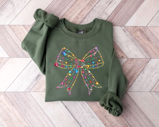 Discover Christmas Lights Coquette Bow Sweatshirt, Women's Christmas Sweatshirt, Retro Holiday Sweater, Merry Christmas Shirt, Christmas Lights Shirt