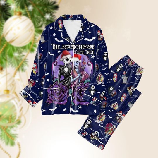 Discover Skellington Sally Christmas Pajamas Set, Nightmare Before Christmas Movie, Horror Character Santa Hat Pj Set, Disney Movie Xmas Pjs Pan