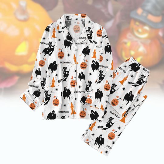 Discover Halloween Pajama Set for Adults, Ghost Pumpkin Witch Sleepwear, Spooky Fall Loungewear, Horror Costume for Party & Night