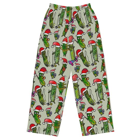 Discover Christmas Pickle Wide Leg Pajama Pants: Hand-Drawn Holiday Design
