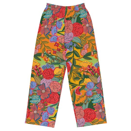 Discover Fun bold colorful floral print unisex wide-leg pants