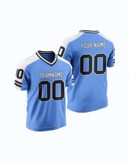 Discover Custom Light Blue Football Jersey Personalized Name and Number Mesh Fabric Stitched or Heat Pressed for Game Sports or Matching Outfits