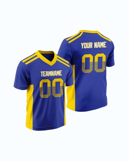 Personalized Blue Yellow Football Jersey Heat Press Name and Number Mesh Custom Top for Game Day School Team or Family Group Outfit