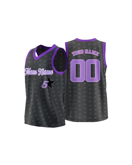 Discover Purple  Black Custom Basketball Jersey - Personalized Sports Team Shirt with Name & Number, Heat Pressed, Star Pattern Design