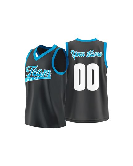 Discover Custom Black Basketball Jersey - Personalized Team Uniform, Heat Press, Custom Name & Number - Black with Blue Trim