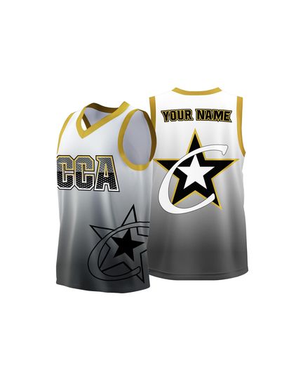 Discover Custom Hot Press Basketball Jersey  White Gray Gradient with Gold Trim and Star Design, Personalized Team Uniform