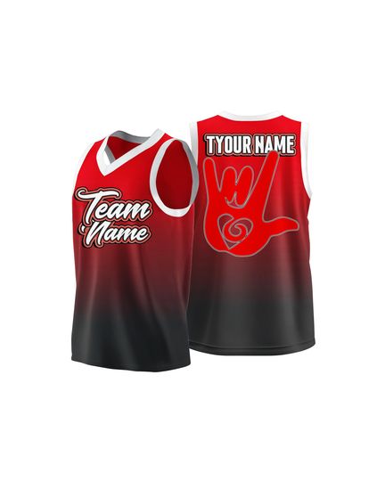 Discover Custom Hot Press Basketball Jersey  Red Black Gradient ILY Hand Design with Personalized Team Name and Number
