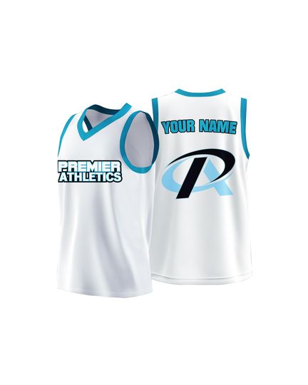 White Hot Press Custom Basketball Jersey  Blue Trim Personalized Athletic Team Top with Name and Number Design