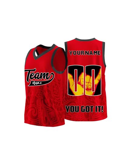 Custom Red Basketball Jersey  Heat Press Personalized Team Uniform with Hand Sign Graphic and You Got It Text