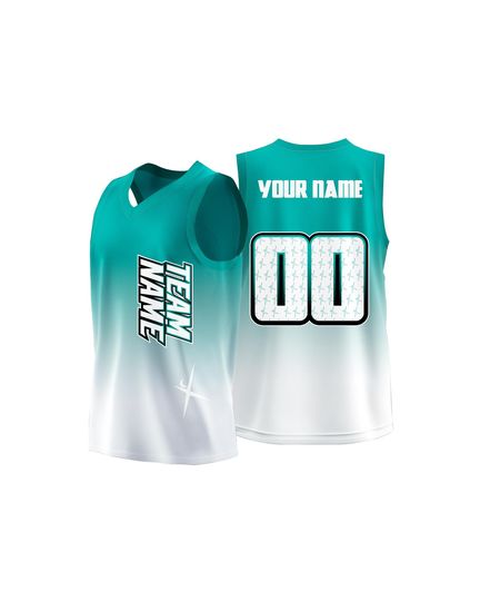 Discover Custom Heat Press Basketball Jersey Teal Gradient Star Print Personalized Team Name and Number
