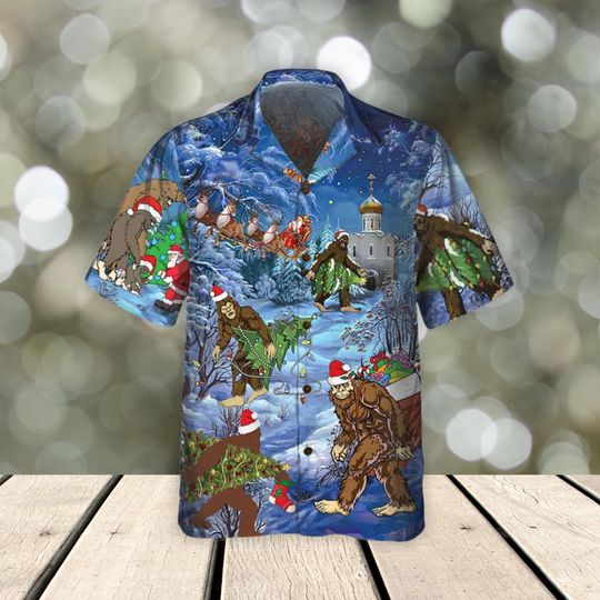 Discover Christmas Bigfoot Santa Hawaiian Shirt, Sasquatch Xmas Beach Button Shirt