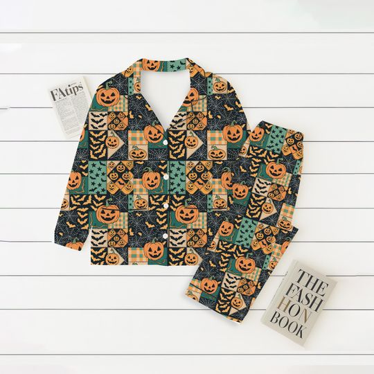 Halloween Pumpkin Patch Pajamas Set, Pumpkin Bat Sleepwear