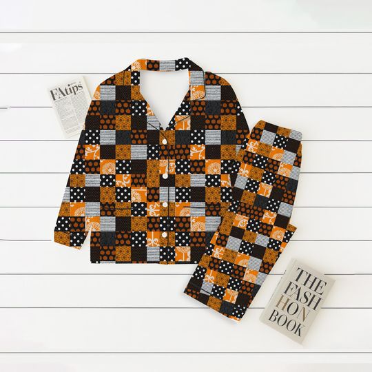 Plaid Patchwork Halloween Pajama Set, Black and Orange Sleepwear