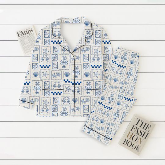 Discover Coastal Nautical Sea Life Pajama Set, Blue & White Ocean Theme Sleepwear