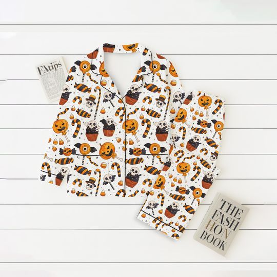 Halloween Candy Pumpkin Skull Pajama Set, Spooky Pattern Sleepwear