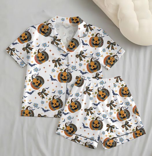 Halloween Pumpkin Bow Pajama Set with Pocket, Jack O' Lantern Sleepwear