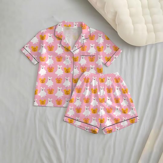 Discover Halloween MK Ghost and MN Pumpkin Short Pajamas Set with Pocket