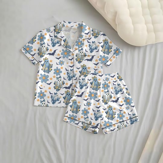 Discover Halloween Blue Ghost and Flower Short Pajama Set with Pocket for Girls