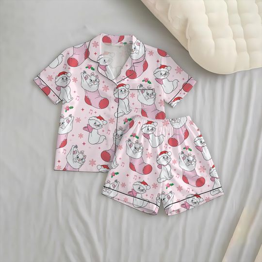 Cute Cartoon Cat Christmas Pajamas Set with Pocket