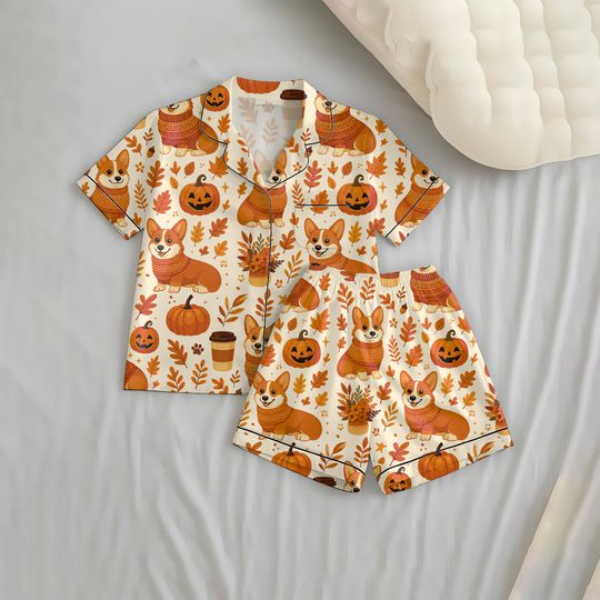 Fall Corgi Dog Pumpkin Short Pajama Set for Women, Autumn Sleepwear & Loungewear