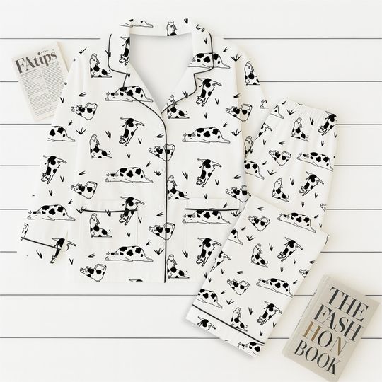 Discover Yoga Dairy Cow Pajamas Set, Funny Cow Poses Sleepwear, Farm Animal Homewear, Dairy Cow Farm Gift, Cute Dairy Cow Pajamas