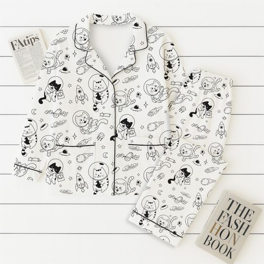 Cats in Space Pajama Set, Astronaut Cat Sleepwear, Funny Cat Homewear