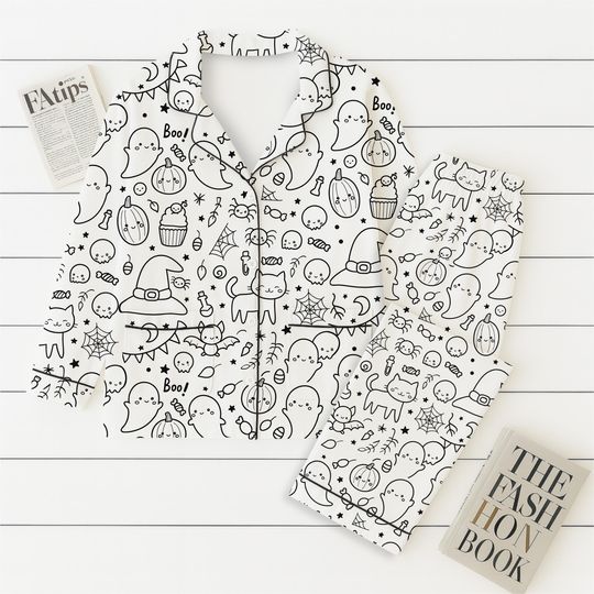 Halloween Pattern Pajamas Set, Cute Boo Witch Pumpkin Bat Spider Web Sleepwear