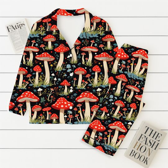 Discover Red Mushroom Pajamas Set, Forest Mushroom Homewear, Cute Mushroom Pjs, Nature Lover Gift, Cozy Sleepwear For Women, Halloween Gift