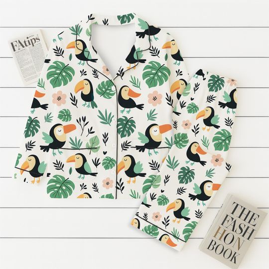 Discover Toucan Bird Pajamas Set, Cute Tropical Jungle Sleepwear, Toucans And Tropical Leaves Homewear, Funny Matching Set, Cozy Nightwear Set