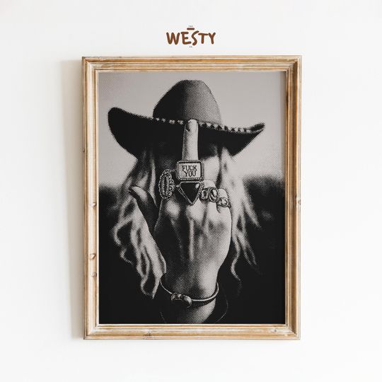 Discover Rebel Cowgirl Finger Poster  Black and White Western Attitude Print