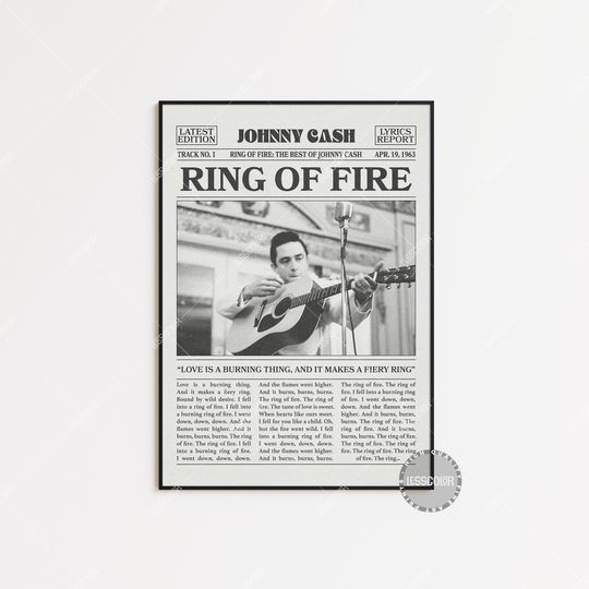 Johnny Cash Retro Newspaper Print, Ring of Fire Poster, Ring of Fire Lyrics Print, Johnny Cash Poster, Hall of Fame Series Poster