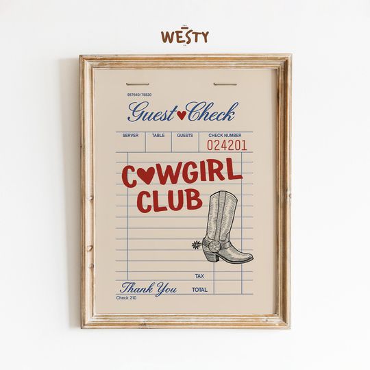 Discover Cowgirl Club Diner Check Poster  Western Retro Wall Art for Cowgirl Decor
