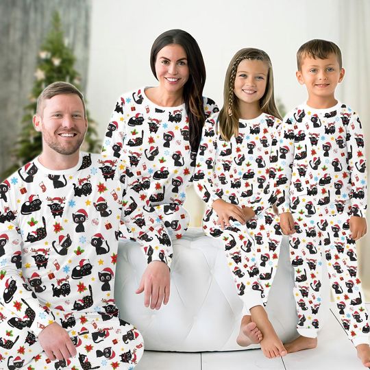 Discover Black Cat Family Pajamas Set, Cat Christmas Matching Pajamas, Santa Hat Cat Holiday Pajamas, Animal Lover Xmas  Gift, Black Cat Pjs
