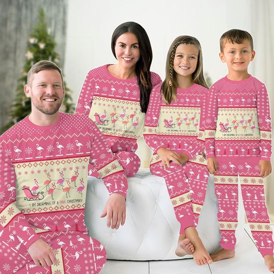 Christmas Flamingo Family Pajamas Set, Santa Hat Reindeer Flamingo Shirt, Winter Holiday Pajamas For Party, Animal Lover Xmas Pajamas