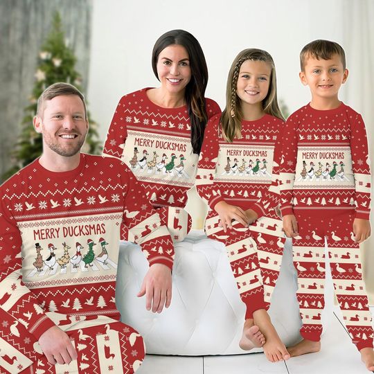 Discover Duck Christmas Lights Family Pajamas Set, Merry Duckmas Matching Pajamas, Funny Farm Holiday Pajamas, Santa Duck Shirt, Pjs For Party
