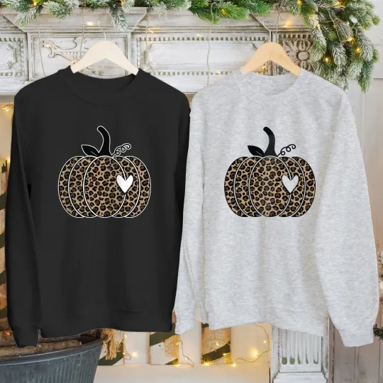 Discover Leopard Pumpkin Halloween T-Shirt Sweatshirt Women’s Matching Top Jumper