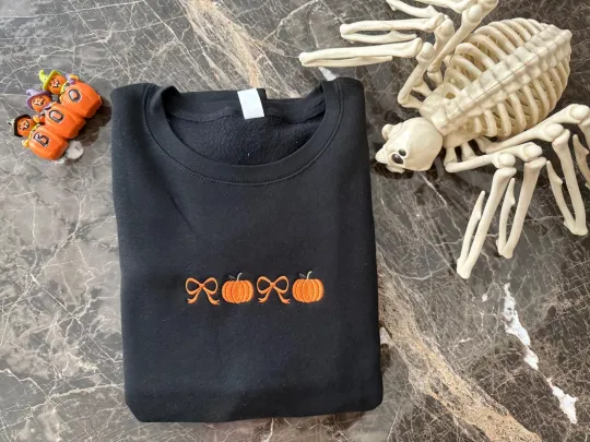 Embossed Pumpkin Sweatshirt, Embroidered Fall Pullover