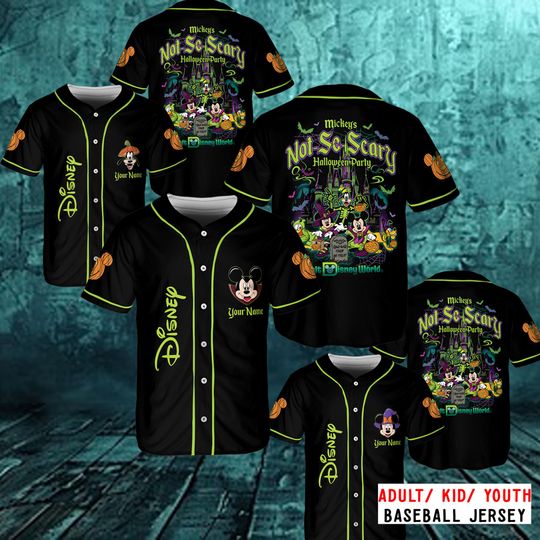 Discover Personalized Mickey's Not So Scary Halloween Party 2025 Baseball Jersey, Halloween Family Shirt, Mickey & friends Skeleton Pumpkin Jersey