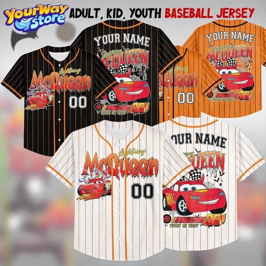 Discover Custom Cars Lightning McQueen Halloween Baseball Jersey, Kids and Adults Family Matching Outfit, Personalized Jersey Shirt