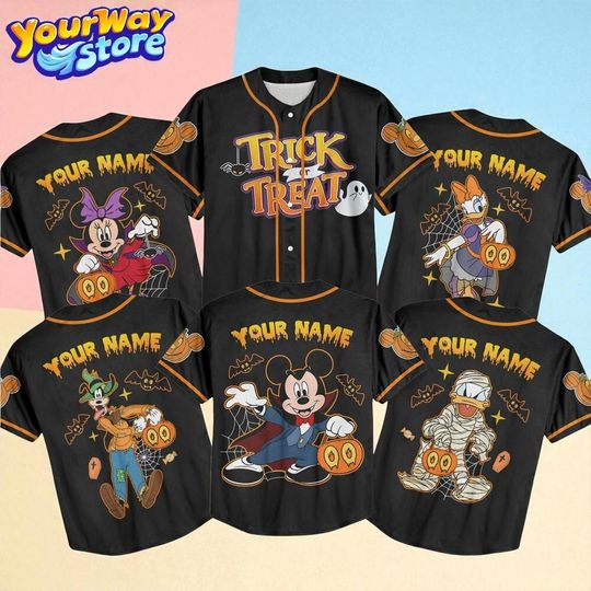 Discover Disney Halloween Baseball Jersey, Custom Trick or Treat Mickey Minnie Shirt, Goofy Donald Costume Team Outfit