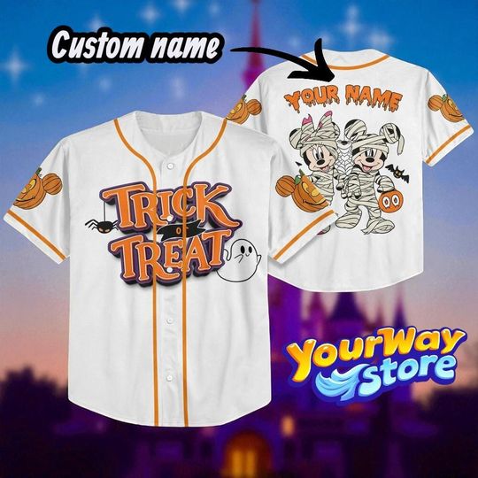 Disney Halloween Trick or Treat Jersey, Minnie Mickey Mummy Costume Shirt, Custom Name Number Baseball Top for Kids & Adults