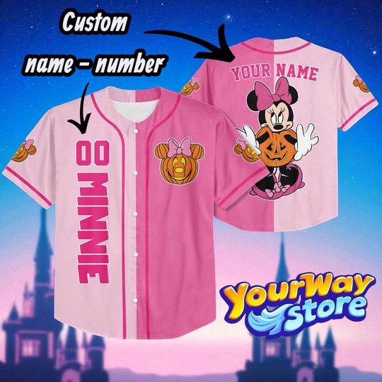Discover Custom Minnie Mouse Pink Halloween Jersey, Personalized Disney Baseball Shirt for Kids & Adults