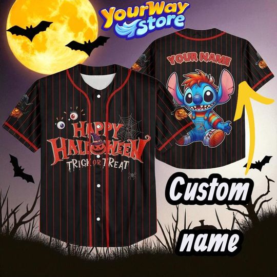 Discover Custom Stitch Halloween Baseball Jersey, Trick or Treat Disney Shirt, Spooky Cartoon Outfit