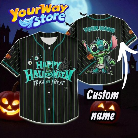 Discover Stitch Halloween Baseball Jersey, Custom Name Shirt, Spooky Season Family Outfit